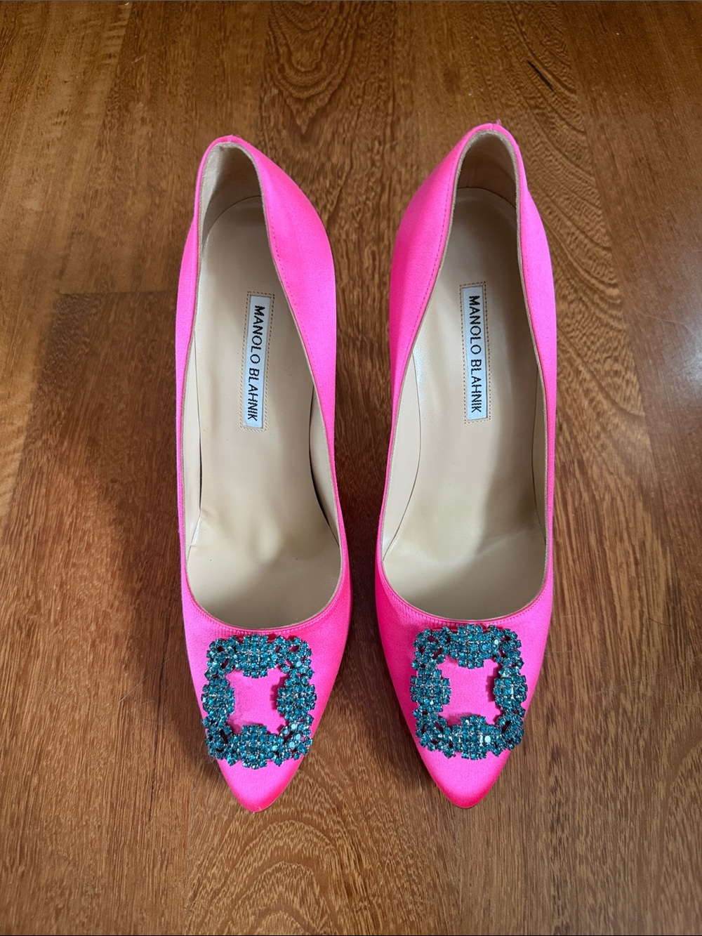 Manolo Blahnik Neon Pink Satin Pointed Toe Pumps with Crystal Buckle